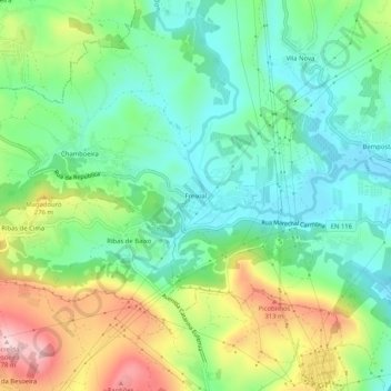 Topografische kaart Freixial, hoogte, reliëf