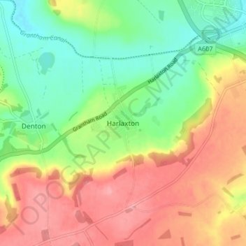 Topografische kaart Harlaxton, hoogte, reliëf