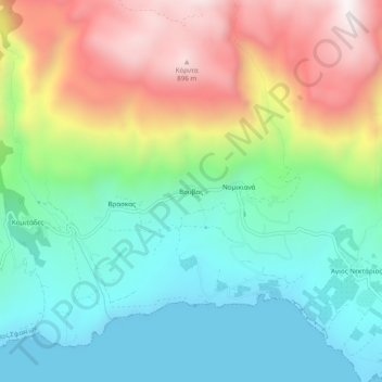 Topografische kaart Vouvas, hoogte, reliëf