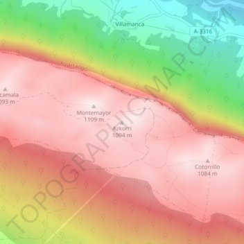 Topografische kaart Azkorri, hoogte, reliëf