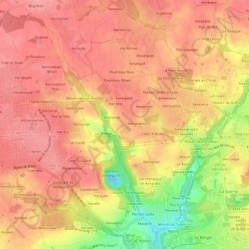 Topografische kaart Kerozan, hoogte, reliëf