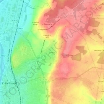 Topografische kaart Antoigné, hoogte, reliëf