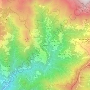 Topografische kaart Prato Sopralacroce, hoogte, reliëf