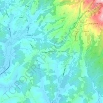Topografische kaart Pesciolica, hoogte, reliëf