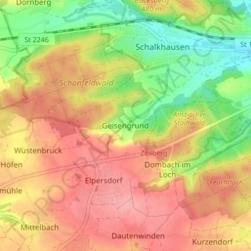 Topografische kaart Geisengrund, hoogte, reliëf