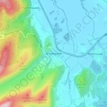 Topografische kaart Braithwaite, hoogte, reliëf
