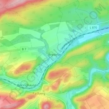 Topografische kaart Bredelar, hoogte, reliëf
