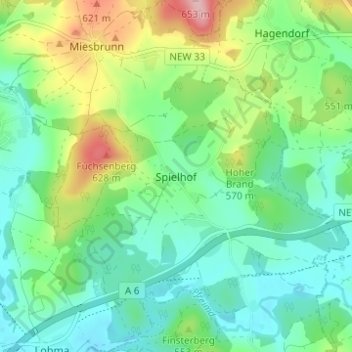 Topografische kaart Spielhof, hoogte, reliëf