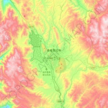 Topografische kaart Shangri-La, hoogte, reliëf