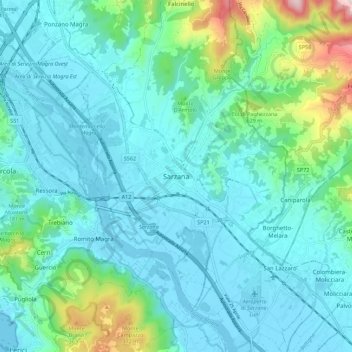 Topografische kaart Sarzana, hoogte, reliëf