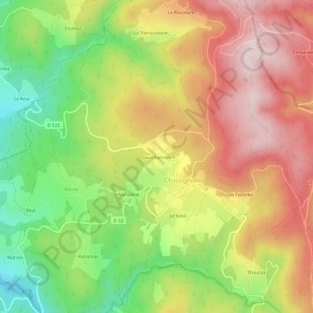 Topografische kaart Jourchannes, hoogte, reliëf