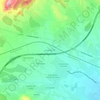 Topografische kaart Cases del Poll, hoogte, reliëf