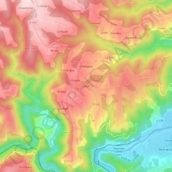 Topografische kaart Lubac, hoogte, reliëf
