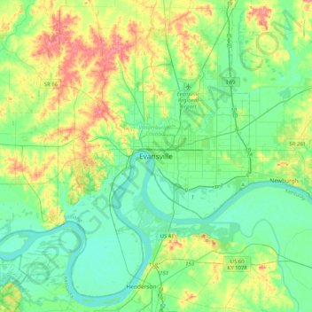 Topografische kaart Evansville, hoogte, reliëf