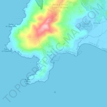 Topografische kaart Porto Pollo, hoogte, reliëf