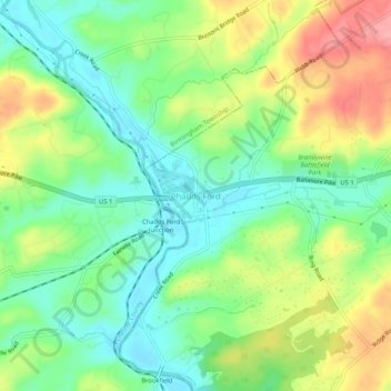 Topografische kaart Chadds Ford, hoogte, reliëf