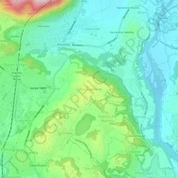 Topografische kaart Calco Superiore, hoogte, reliëf