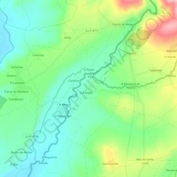 Topografische kaart Outeiro, hoogte, reliëf