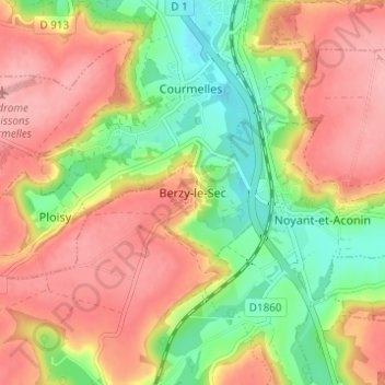 Topografische kaart Berzy-le-Sec, hoogte, reliëf