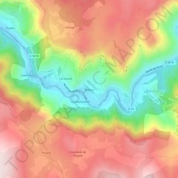 Topografische kaart Blajoux, hoogte, reliëf