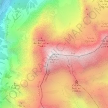 Topografische kaart Grand Muveran, hoogte, reliëf