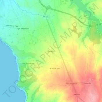 Topografische kaart Geraldes, hoogte, reliëf