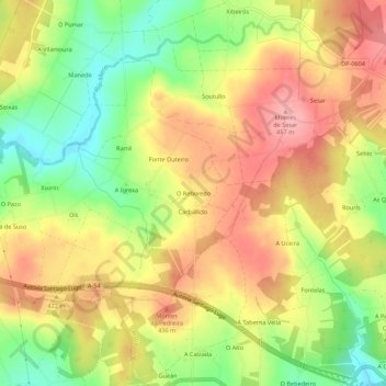 Topografische kaart O Reboredo, hoogte, reliëf