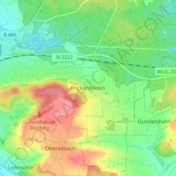 Topografische kaart Frickenfelden, hoogte, reliëf