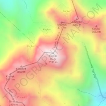 Topografische kaart Kaçkar Dağı, hoogte, reliëf