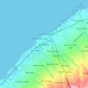 Topografische kaart Singaraja, hoogte, reliëf