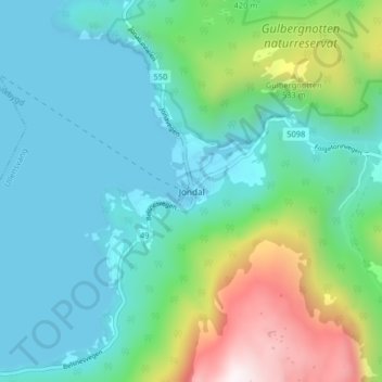 Topografische kaart Jondal, hoogte, reliëf