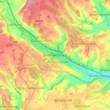 Topografische kaart Berkhamsted, hoogte, reliëf
