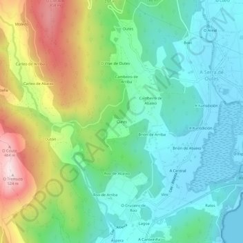 Topografische kaart Cures, hoogte, reliëf
