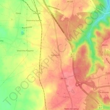 Topografische kaart Vieirinhos, hoogte, reliëf