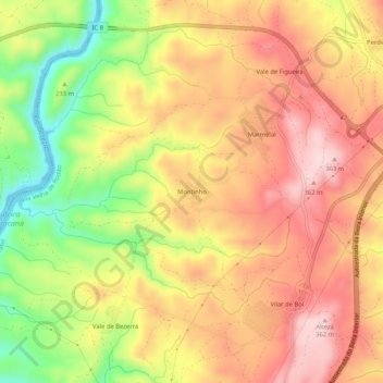 Topografische kaart Montinho, hoogte, reliëf