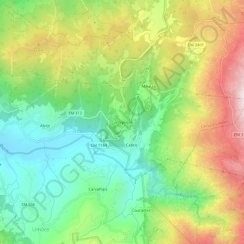 Topografische kaart Carrapuços, hoogte, reliëf