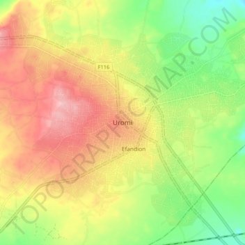 Topografische kaart Uromi, hoogte, reliëf