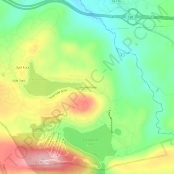 Topografische kaart Lake Harmony, hoogte, reliëf