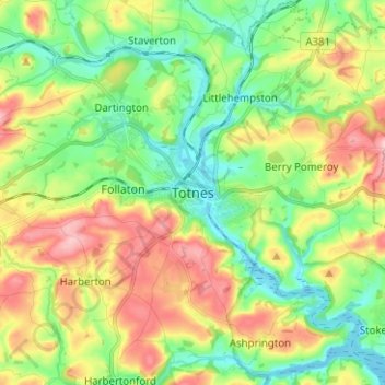 Topografische kaart Totnes, hoogte, reliëf