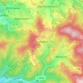 Topografische kaart Ursenbach, hoogte, reliëf