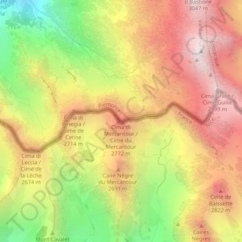 Topografische kaart Cime du Mercantour, hoogte, reliëf