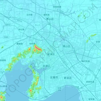 Topografische kaart 无锡市, hoogte, reliëf