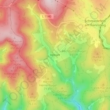 Topografische kaart Vesser, hoogte, reliëf