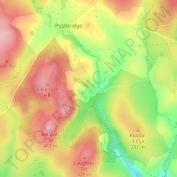 Topografische kaart Bellever, hoogte, reliëf