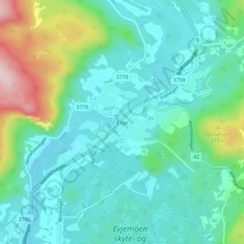 Topografische kaart Evje, hoogte, reliëf