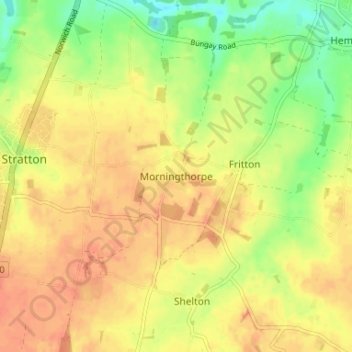 Topografische kaart Morningthorpe, hoogte, reliëf