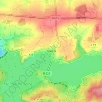 Topografische kaart Delecke, hoogte, reliëf
