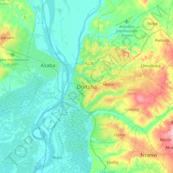 Topografische kaart Onitsha, hoogte, reliëf