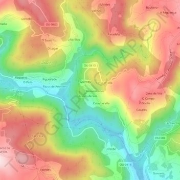 Topografische kaart Cabanelas, hoogte, reliëf