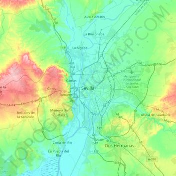 Topografische kaart Sevilla, hoogte, reliëf
